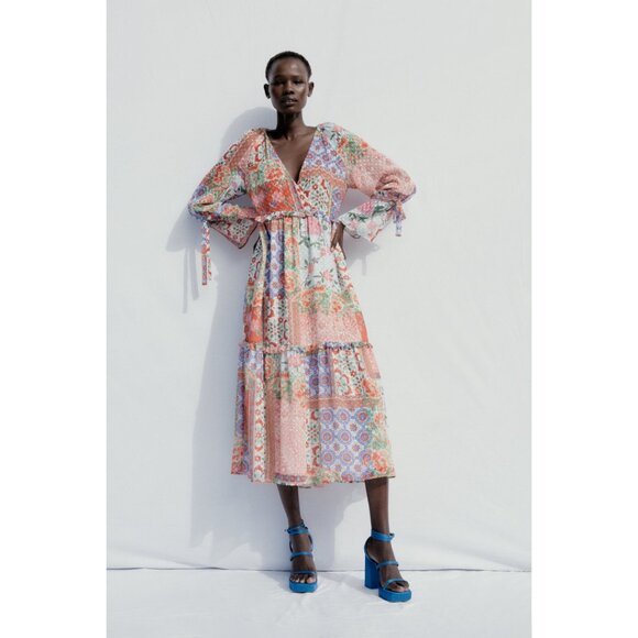 NWT Womens Size Small ZARA Printed Plumetis Patchwork Floral Midi Dress NEW - Picture 5 of 9